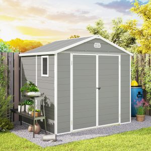 Outsunny 8' x 6' Plastic Garden Storage Shed with Latch Door, Vents, Sloped Roof, Light Grey - Image 10