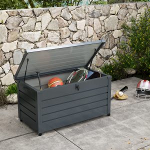 Outsunny 82 Gallon Garden Storage Box, Waterproof Outdoor Storage Container with Wheels and Handles, Dark Grey - Image 1