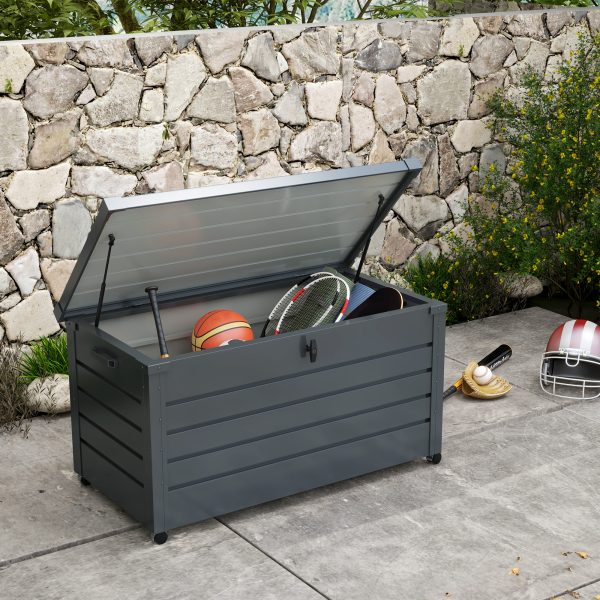 Outsunny 82 Gallon Garden Storage Box, Waterproof Outdoor Storage Container with Wheels and Handles, Dark Grey - Image 1