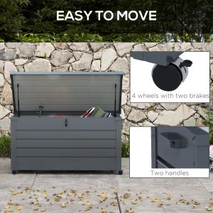 Outsunny 82 Gallon Garden Storage Box, Waterproof Outdoor Storage Container with Wheels and Handles, Dark Grey - Image 4