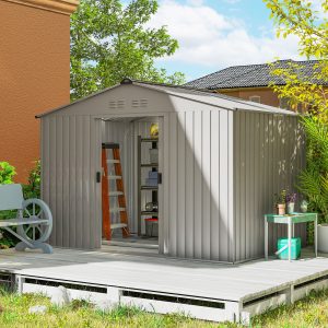 Outsunny 9.1' x 6.4' x 6.3' Garden Storage Shed w/ Foundation Kit Metal Tool Storage House w/ Double Doors Grey - Image 1