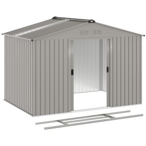 Outsunny 9.1' x 6.4' x 6.3' Garden Storage Shed w/ Foundation Kit Metal Tool Storage House w/ Double Doors Grey - Image 11