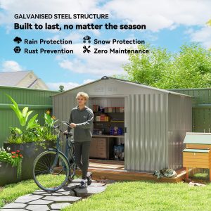 Outsunny 9.1' x 6.4' x 6.3' Garden Storage Shed w/ Foundation Kit Metal Tool Storage House w/ Double Doors Grey - Image 5