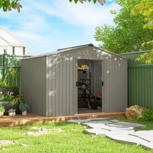 Outsunny 9.1' x 6.4' x 6.3' Garden Storage Shed w/ Foundation Kit Metal Tool Storage House w/ Double Doors Grey - Image 8
