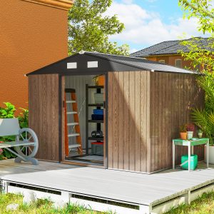 Outsunny 9.1'x6.4'x6.3' Garden Storage Shed, Outdoor Storage Tool House with Vents, Foundation and Lockable Double Doors, Teak - Image 1