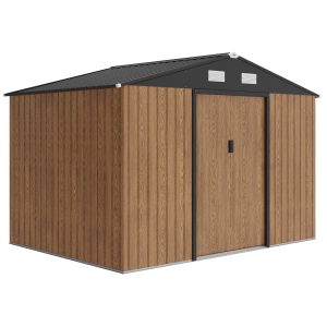 Outsunny 9.1'x6.4'x6.3' Garden Storage Shed, Outdoor Storage Tool House with Vents, Foundation and Lockable Double Doors, Teak - Image 2