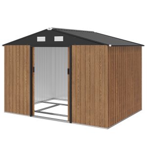 Outsunny 9.1'x6.4'x6.3' Garden Storage Shed, Outdoor Storage Tool House with Vents, Foundation and Lockable Double Doors, Teak - Image 3