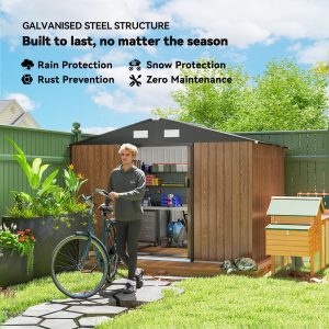 Outsunny 9.1'x6.4'x6.3' Garden Storage Shed, Outdoor Storage Tool House with Vents, Foundation and Lockable Double Doors, Teak - Image 5