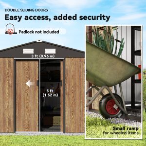 Outsunny 9.1'x6.4'x6.3' Garden Storage Shed, Outdoor Storage Tool House with Vents, Foundation and Lockable Double Doors, Teak - Image 6