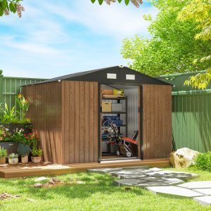 Outsunny 9.1'x6.4'x6.3' Garden Storage Shed, Outdoor Storage Tool House with Vents, Foundation and Lockable Double Doors, Teak - Image 9
