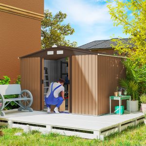 Outsunny 9.1'x6.4'x6.3' Garden Storage Shed w/ Floor Foundation Metal Tool Storage House w/ Double Doors Dark Grey Yellow - Image 1