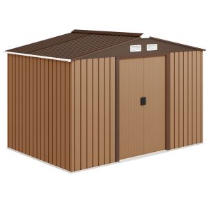 Outsunny 9.1'x6.4'x6.3' Garden Storage Shed w/ Floor Foundation Metal Tool Storage House w/ Double Doors Dark Grey Yellow - Image 2