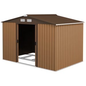 Outsunny 9.1'x6.4'x6.3' Garden Storage Shed w/ Floor Foundation Metal Tool Storage House w/ Double Doors Dark Grey Yellow - Image 11