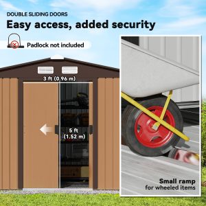 Outsunny 9.1'x6.4'x6.3' Garden Storage Shed w/ Floor Foundation Metal Tool Storage House w/ Double Doors Dark Grey Yellow - Image 5