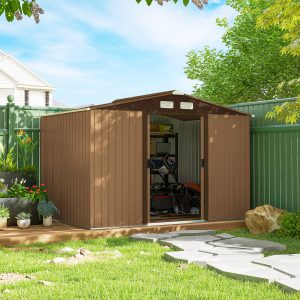 Outsunny 9.1'x6.4'x6.3' Garden Storage Shed w/ Floor Foundation Metal Tool Storage House w/ Double Doors Dark Grey Yellow - Image 8