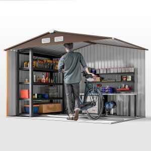 Outsunny 9.1'x6.4'x6.3' Garden Storage Shed w/ Floor Foundation Metal Tool Storage House w/ Double Doors Dark Grey Yellow - Image 10