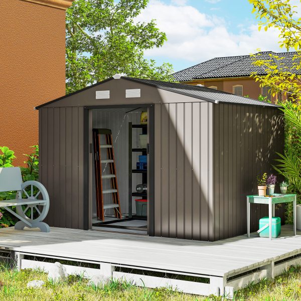 Outsunny 9.1'x6.4'x6.3' Garden Storage Shed w/ Foundation Kit Metal Tool Storage House w/ Double Doors Brown - Image 1