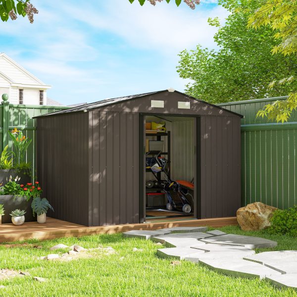 Outsunny 9.1'x6.4'x6.3' Garden Storage Shed w/ Foundation Kit Metal Tool Storage House w/ Double Doors Brown - Image 1