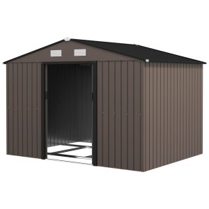 Outsunny 9.1'x6.4'x6.3' Garden Storage Shed w/ Foundation Kit Metal Tool Storage House w/ Double Doors Brown - Image 2