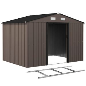 Outsunny 9.1'x6.4'x6.3' Garden Storage Shed w/ Foundation Kit Metal Tool Storage House w/ Double Doors Brown - Image 11