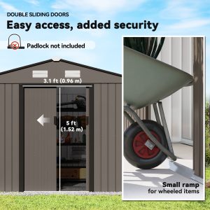 Outsunny 9.1'x6.4'x6.3' Garden Storage Shed w/ Foundation Kit Metal Tool Storage House w/ Double Doors Brown - Image 12