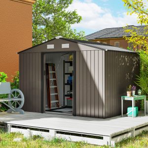 Outsunny 9.1'x6.4'x6.3' Garden Storage Shed w/ Foundation Kit Metal Tool Storage House w/ Double Doors Brown - Image 8