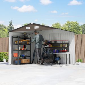 Outsunny 9.1'x6.4'x6.3' Garden Storage Shed w/ Foundation Kit Metal Tool Storage House w/ Double Doors Brown - Image 10