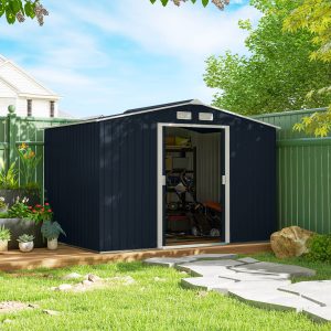 Outsunny 9.1'x6.4'x6.3' Garden Storage Shed w/ Foundation Kit Metal Tool Storage House w/ Double Doors Dark Grey - Image 1