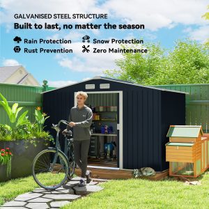 Outsunny 9.1'x6.4'x6.3' Garden Storage Shed w/ Foundation Kit Metal Tool Storage House w/ Double Doors Dark Grey - Image 4