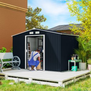 Outsunny 9.1'x6.4'x6.3' Garden Storage Shed w/ Foundation Kit Metal Tool Storage House w/ Double Doors Dark Grey - Image 8