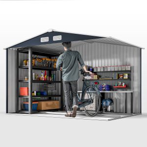 Outsunny 9.1'x6.4'x6.3' Garden Storage Shed w/ Foundation Kit Metal Tool Storage House w/ Double Doors Dark Grey - Image 10