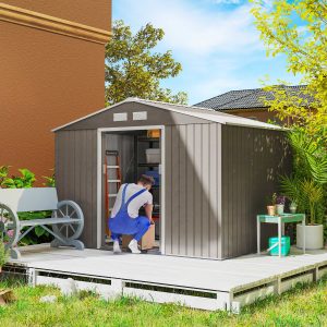 Outsunny 9.1'x6.4'x6.3' Garden Storage Shed w/ Foundation Kit Metal Tool Storage House w/ Double Doors Distressed Light Brown - Image 1