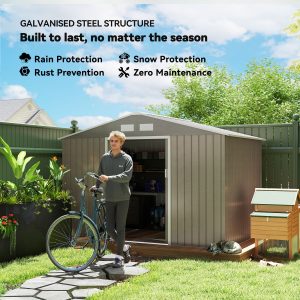 Outsunny 9.1'x6.4'x6.3' Garden Storage Shed w/ Foundation Kit Metal Tool Storage House w/ Double Doors Distressed Light Brown - Image 4