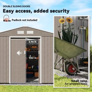 Outsunny 9.1'x6.4'x6.3' Garden Storage Shed w/ Foundation Kit Metal Tool Storage House w/ Double Doors Distressed Light Brown - Image 5