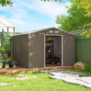 Outsunny 9.1'x6.4'x6.3' Garden Storage Shed w/ Foundation Kit Metal Tool Storage House w/ Double Doors Distressed Light Brown - Image 8