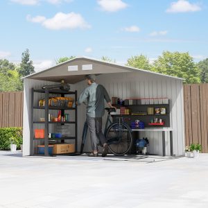 Outsunny 9.1'x6.4'x6.3' Garden Storage Shed w/ Foundation Kit Metal Tool Storage House w/ Double Doors Distressed Light Brown - Image 10