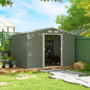 Outsunny 9.1'x6.4'x6.3' Garden Storage Shed w/ Foundation Kit Metal Tool Storage House w/ Double Doors Light Green - Image 1