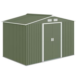 Outsunny 9.1'x6.4'x6.3' Garden Storage Shed w/ Foundation Kit Metal Tool Storage House w/ Double Doors Light Green - Image 2
