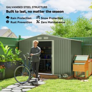 Outsunny 9.1'x6.4'x6.3' Garden Storage Shed w/ Foundation Kit Metal Tool Storage House w/ Double Doors Light Green - Image 4