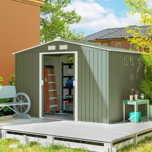 Outsunny 9.1'x6.4'x6.3' Garden Storage Shed w/ Foundation Kit Metal Tool Storage House w/ Double Doors Light Green - Image 8