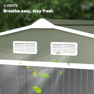 Outsunny 9.1'x6.4'x6.3' Garden Storage Shed w/ Foundation Kit Metal Tool Storage House w/ Double Doors Light Green - Image 9