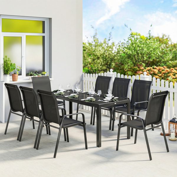 Outsunny 9 Pieces Patio Set with Stackable Chairs, Patio Dining Set with Glass Top for Garden, Patio, Backyard, Black - Image 1