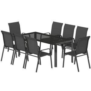 Outsunny 9 Pieces Patio Set with Stackable Chairs, Patio Dining Set with Glass Top for Garden, Patio, Backyard, Black - Image 2