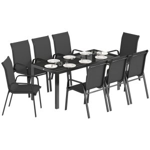 Outsunny 9 Pieces Patio Set with Stackable Chairs, Patio Dining Set with Glass Top for Garden, Patio, Backyard, Black - Image 11