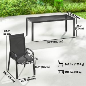 Outsunny 9 Pieces Patio Set with Stackable Chairs, Patio Dining Set with Glass Top for Garden, Patio, Backyard, Black - Image 3