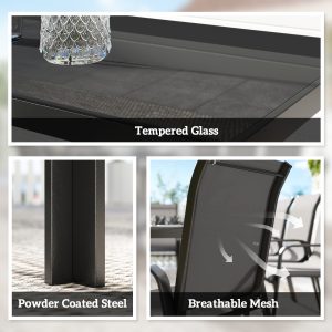 Outsunny 9 Pieces Patio Set with Stackable Chairs, Patio Dining Set with Glass Top for Garden, Patio, Backyard, Black - Image 5