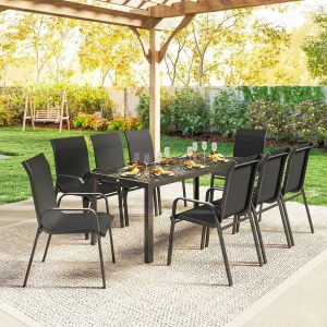 Outsunny 9 Pieces Patio Set with Stackable Chairs, Patio Dining Set with Glass Top for Garden, Patio, Backyard, Black - Image 7