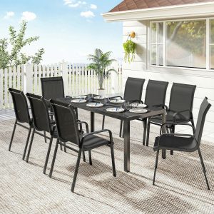 Outsunny 9 Pieces Patio Set with Stackable Chairs, Patio Dining Set with Glass Top for Garden, Patio, Backyard, Black - Image 8