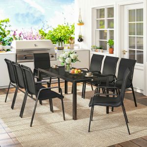 Outsunny 9 Pieces Patio Set with Stackable Chairs, Patio Dining Set with Glass Top for Garden, Patio, Backyard, Black - Image 9