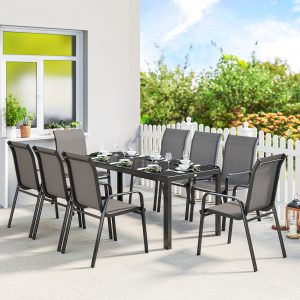 Outsunny 9 Pieces Patio Set with Stackable Chairs, Patio Dining Set with Glass Top for Garden, Patio, Backyard, Dark Grey - Image 1